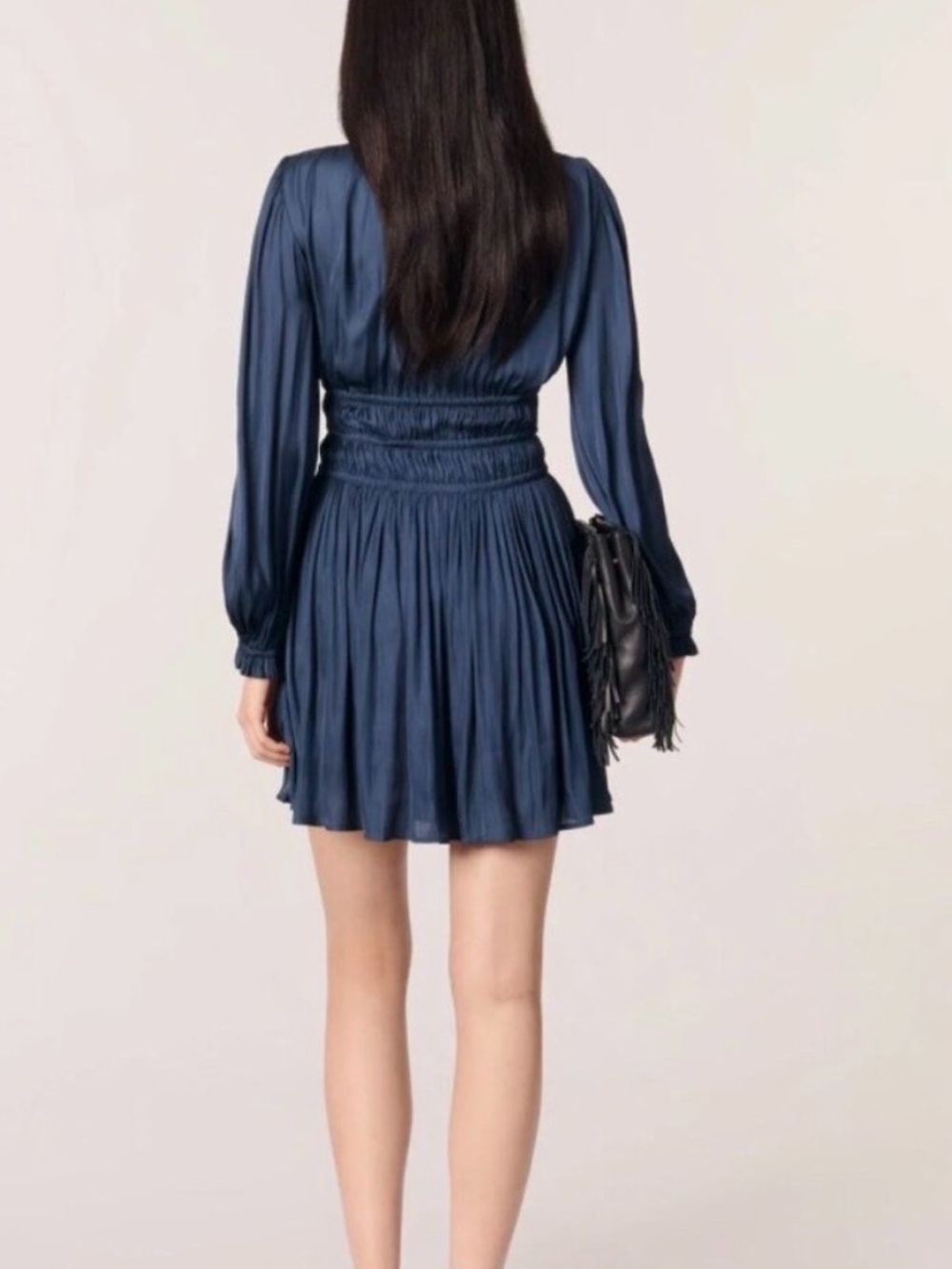 Maje Navy Blue V‑Neck Long‑Sleeve Smocked Mini Dress - Picture 2 of 9